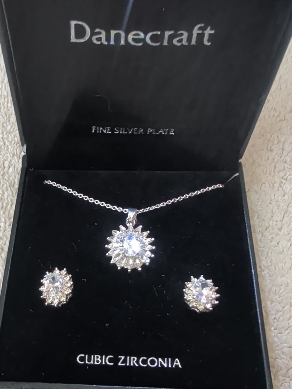 Silver Cubic Zirconia Starburst Necklace and Earrings Set